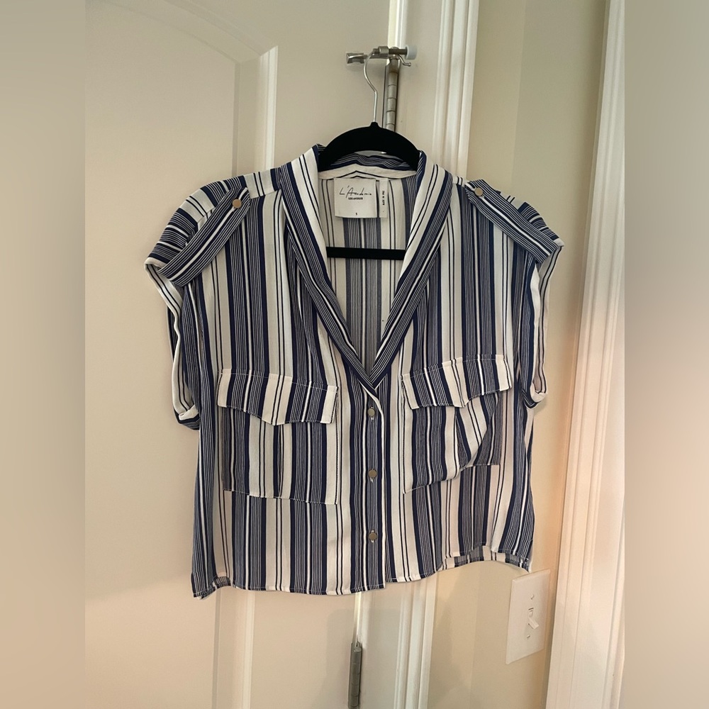 L’Academie cropped blue stripe blouse